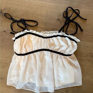 Shein Sheer Ivory Ruffle Tie-Shoulder Babydoll Tank with Black Trim- cropped